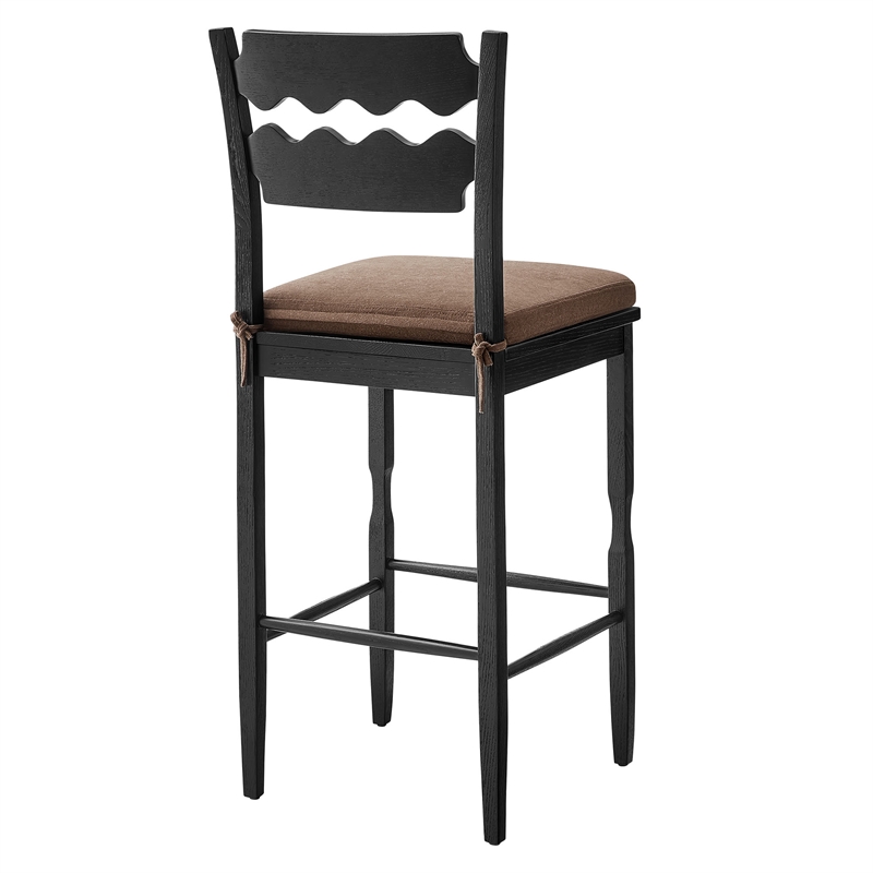 Jax Oak Wood Bar Stool With Wavy Razor Back and Cushion in Black Cocoa