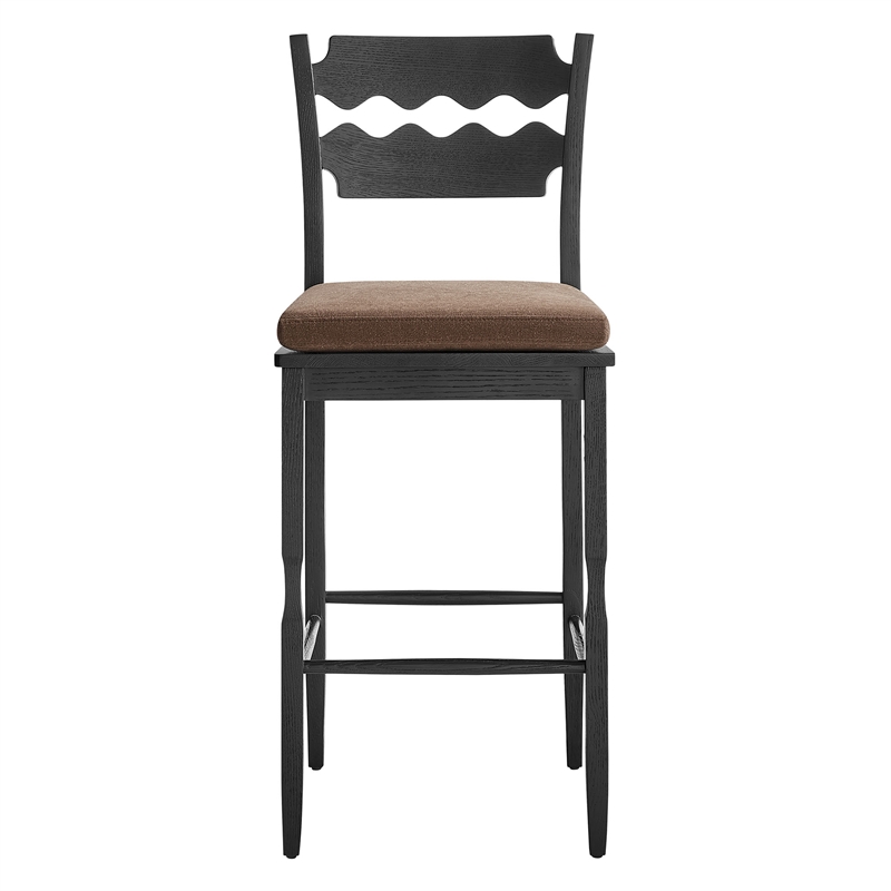 Jax Oak Wood Bar Stool With Wavy Razor Back and Cushion in Black Cocoa