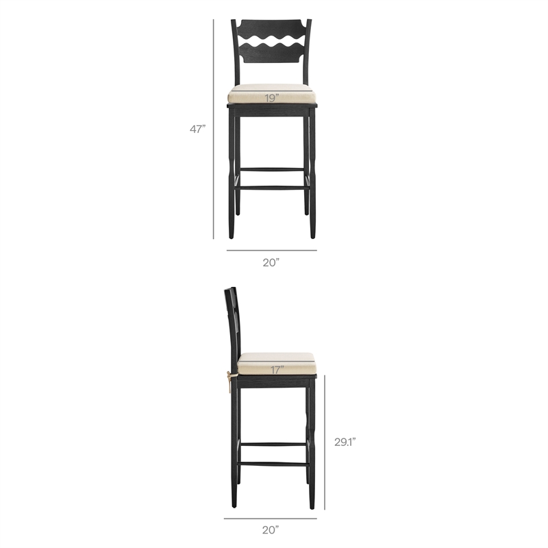 Jax Oak Wood Bar Stool With Wavy Razor Back and Cushion in Black Linen