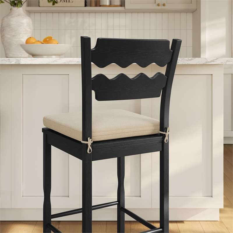 Jax Oak Wood Bar Stool With Wavy Razor Back and Cushion in Black Linen