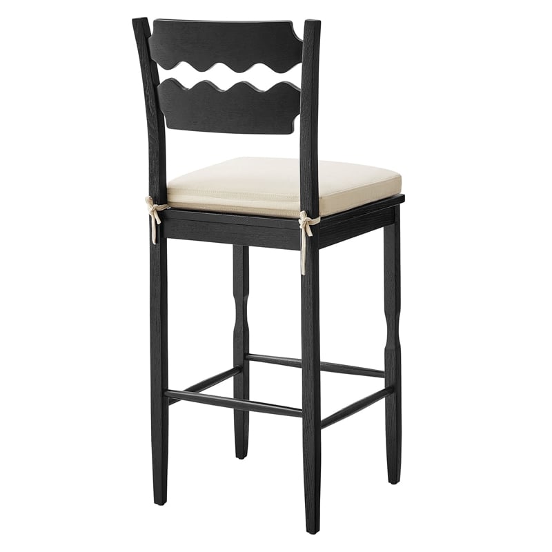 Jax Oak Wood Bar Stool With Wavy Razor Back and Cushion in Black Linen