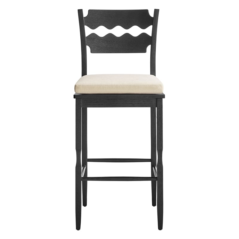 Jax Oak Wood Bar Stool With Wavy Razor Back and Cushion in Black Linen