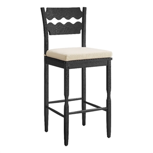 Jax Oak Wood Bar Stool With Wavy Razor Back and Cushion in Black Linen