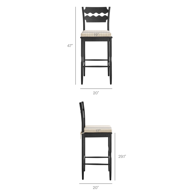 Jax Oak Wood Bar Stool With Wavy Razor Back and Cushion in Black Oatmeal Stripe