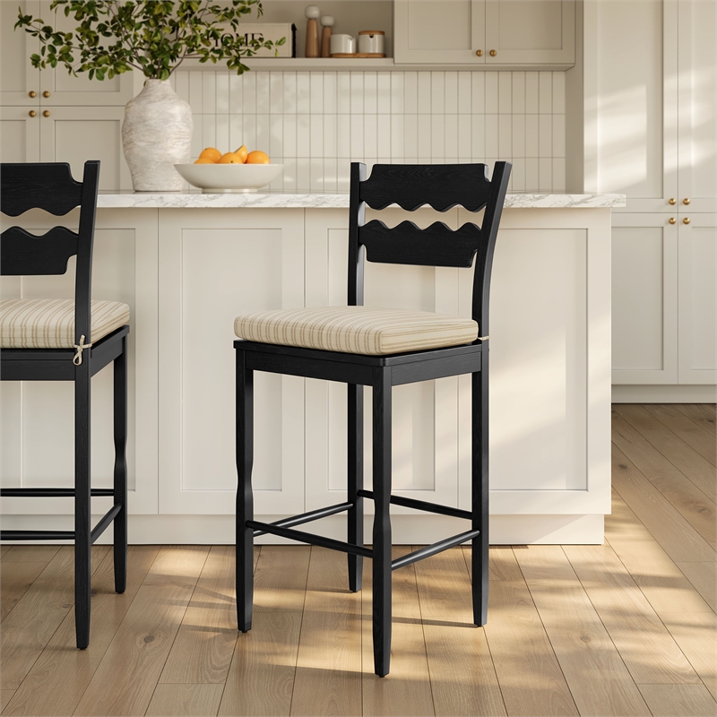 Jax Oak Wood Bar Stool With Wavy Razor Back and Cushion in Black Oatmeal Stripe