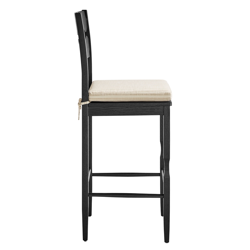 Jax Oak Wood Bar Stool With Wavy Razor Back and Cushion in Black Oatmeal Stripe
