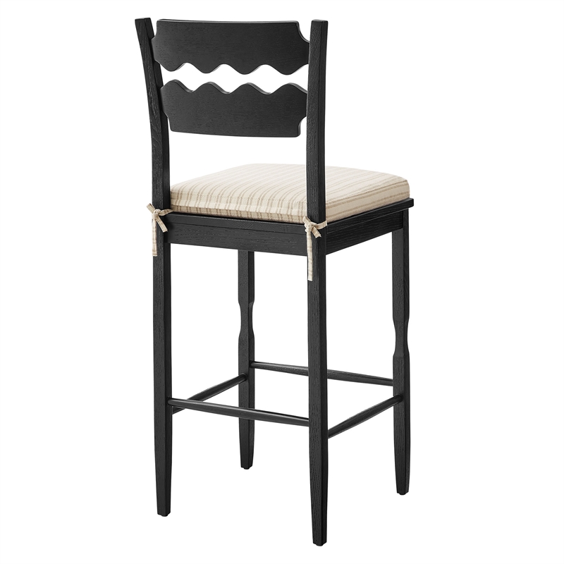 Jax Oak Wood Bar Stool With Wavy Razor Back and Cushion in Black Oatmeal Stripe
