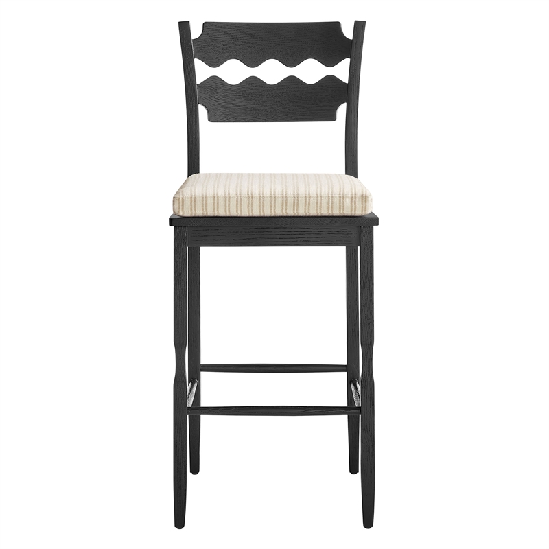 Jax Oak Wood Bar Stool With Wavy Razor Back and Cushion in Black Oatmeal Stripe