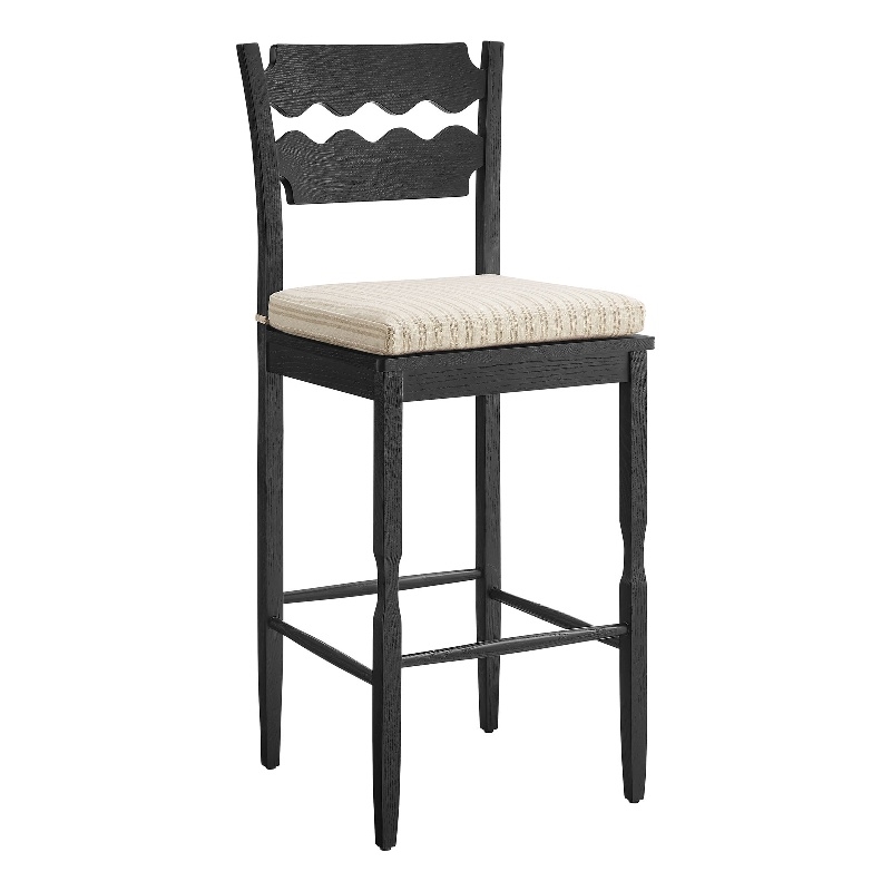 Jax Oak Wood Bar Stool With Wavy Razor Back and Cushion in Black Oatmeal Stripe