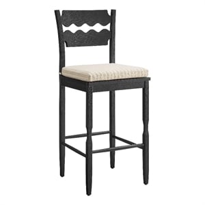 Jax Oak Wood Bar Stool With Wavy Razor Back and Cushion in Black Oatmeal Stripe