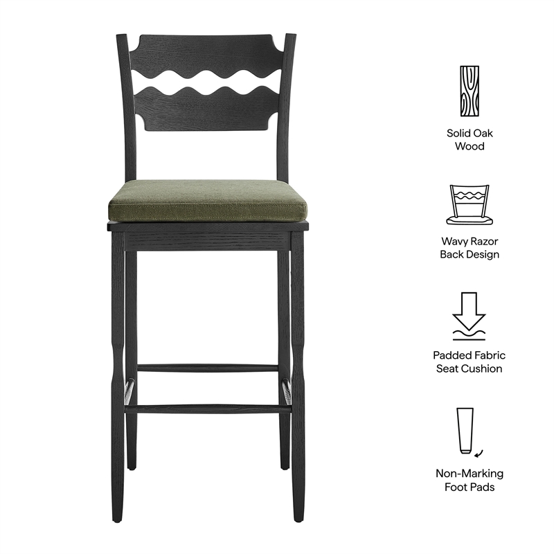 Jax Oak Wood Bar Stool With Wavy Razor Back and Cushion in Black Sage