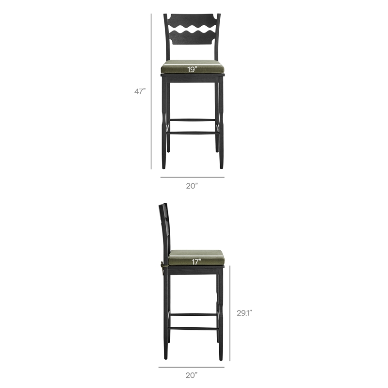 Jax Oak Wood Bar Stool With Wavy Razor Back and Cushion in Black Sage