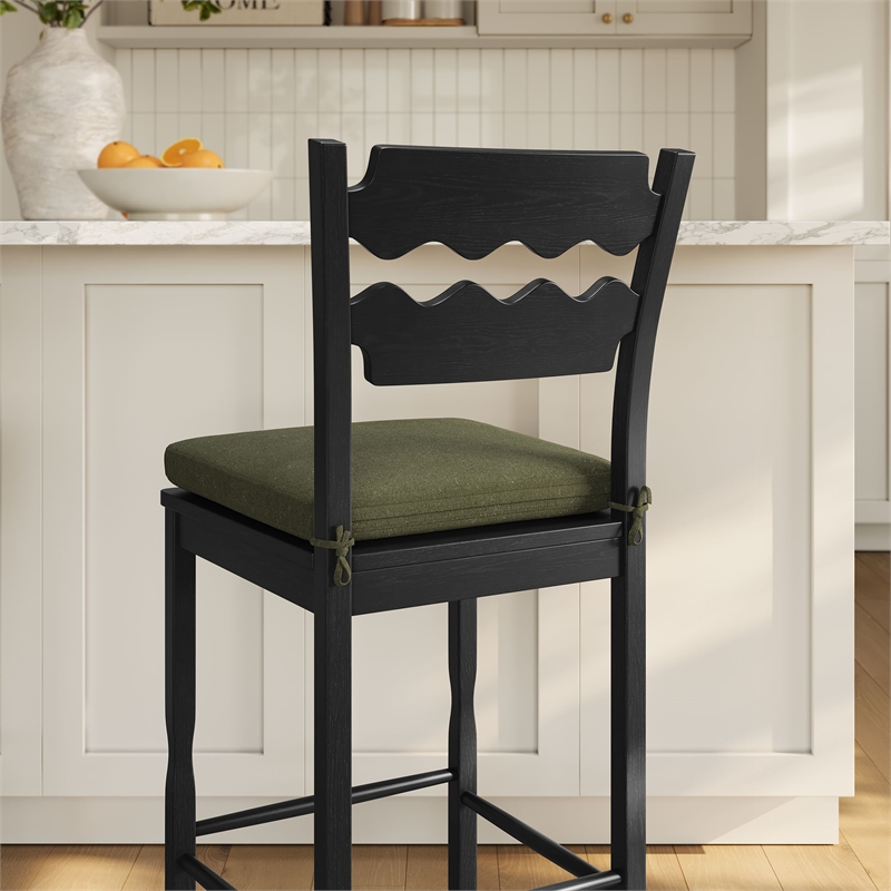 Jax Oak Wood Bar Stool With Wavy Razor Back and Cushion in Black Sage