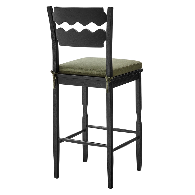 Jax Oak Wood Bar Stool With Wavy Razor Back and Cushion in Black Sage