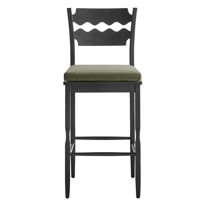 Jax Oak Wood Bar Stool With Wavy Razor Back and Cushion in Black Sage