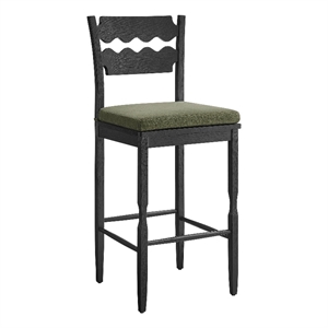 Jax Oak Wood Bar Stool With Wavy Razor Back and Cushion in Black Sage