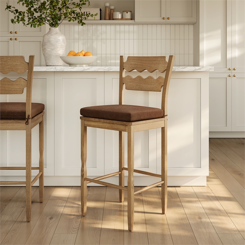 Jax Oak Wood Bar Stool With Wavy Razor Back and Cushion in Weathered Oak Cocoa