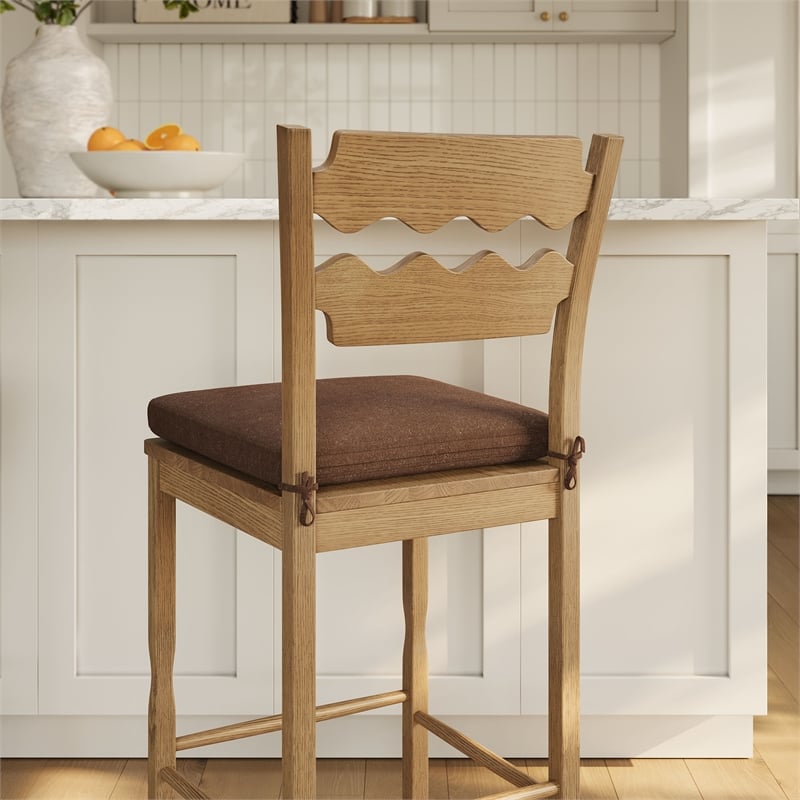 Jax Oak Wood Bar Stool With Wavy Razor Back and Cushion in Weathered Oak Cocoa