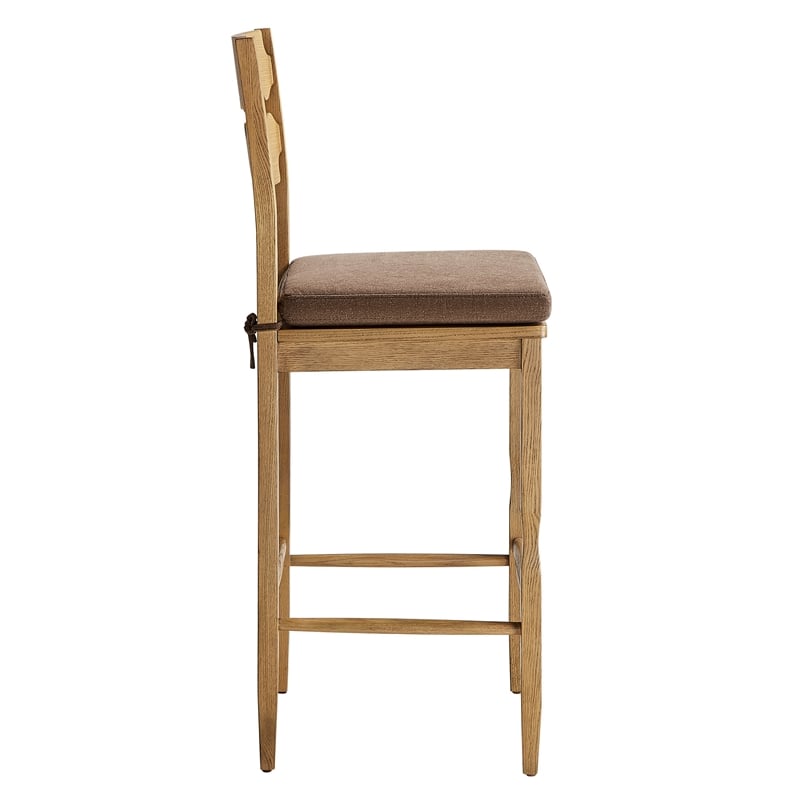 Jax Oak Wood Bar Stool With Wavy Razor Back and Cushion in Weathered Oak Cocoa
