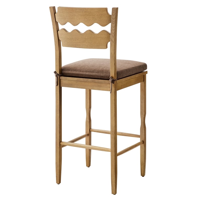 Jax Oak Wood Bar Stool With Wavy Razor Back and Cushion in Weathered Oak Cocoa