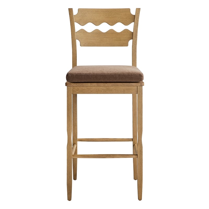 Jax Oak Wood Bar Stool With Wavy Razor Back and Cushion in Weathered Oak Cocoa