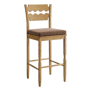 Jax Oak Wood Bar Stool With Wavy Razor Back and Cushion in Weathered Oak Cocoa