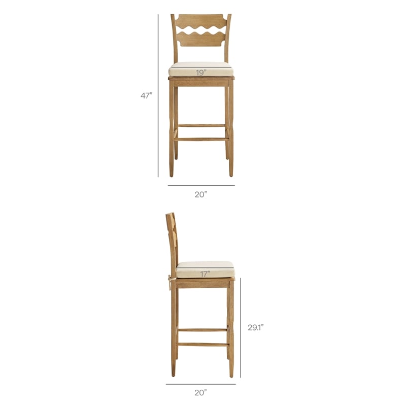 Jax Oak Wood Bar Stool With Wavy Razor Back and Cushion in Weathered Oak Linen