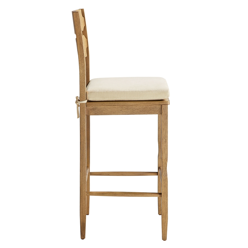 Jax Oak Wood Bar Stool With Wavy Razor Back and Cushion in Weathered Oak Linen