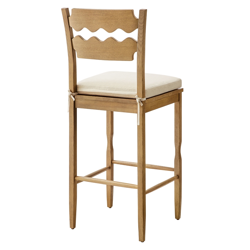 Jax Oak Wood Bar Stool With Wavy Razor Back and Cushion in Weathered Oak Linen