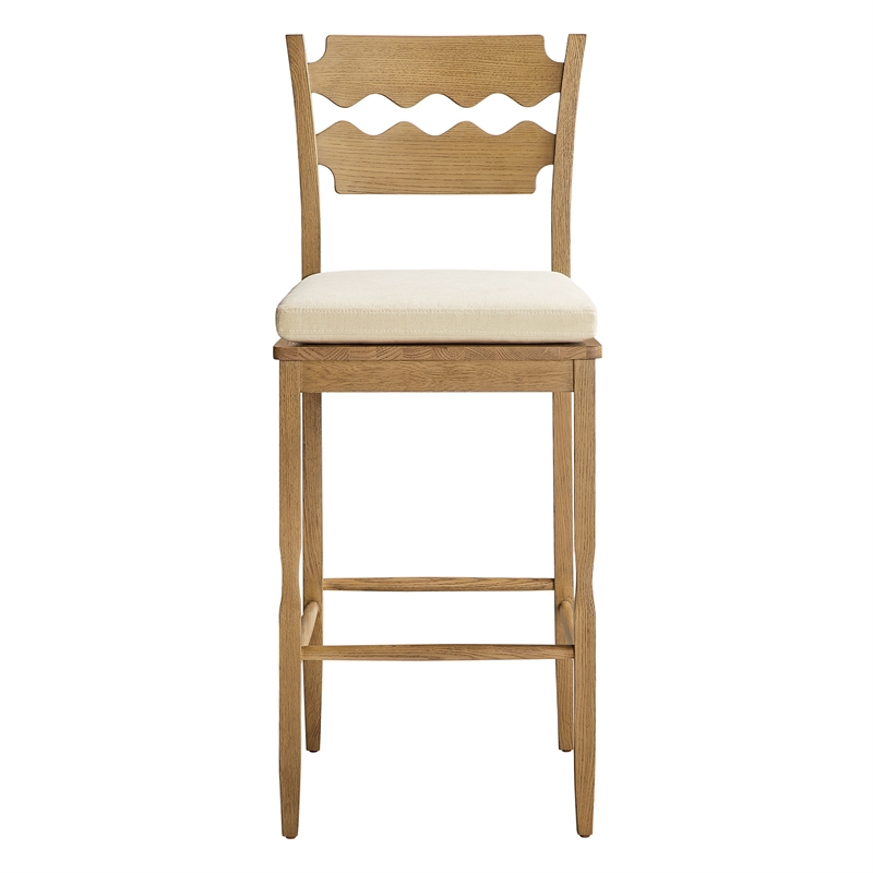 Jax Oak Wood Bar Stool With Wavy Razor Back and Cushion in Weathered Oak Linen