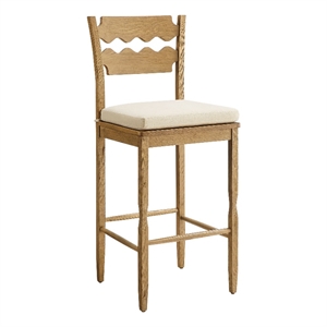 Jax Oak Wood Bar Stool With Wavy Razor Back and Cushion in Weathered Oak Linen