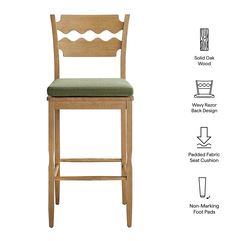 Jax Oak Wood Bar Stool With Wavy Razor Back and Cushion in Weathered Oak Sage