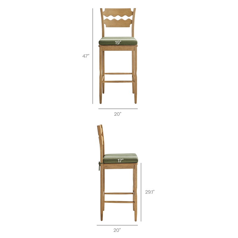 Jax Oak Wood Bar Stool With Wavy Razor Back and Cushion in Weathered Oak Sage
