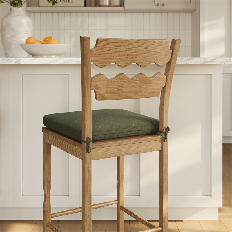 Jax Oak Wood Bar Stool With Wavy Razor Back and Cushion in Weathered Oak Sage