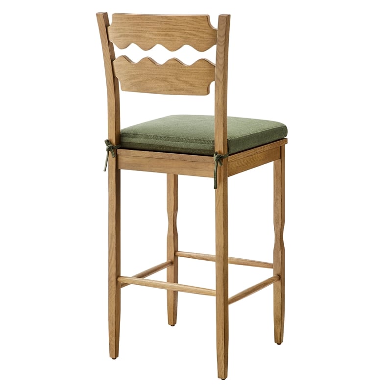 Jax Oak Wood Bar Stool With Wavy Razor Back and Cushion in Weathered Oak Sage