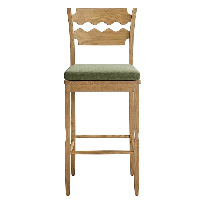 Jax Oak Wood Bar Stool With Wavy Razor Back and Cushion in Weathered Oak Sage
