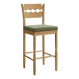 Jax Oak Wood Bar Stool With Wavy Razor Back and Cushion in Weathered Oak Sage