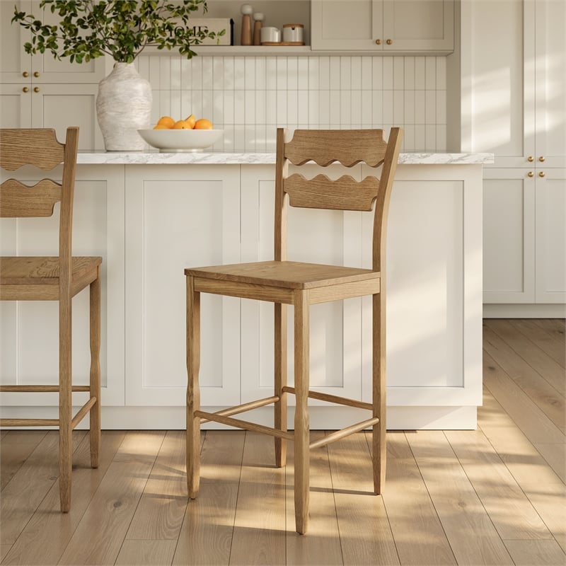 Jax Oak Wood Bar Stool With Wavy Razor Back in Weathered Oak