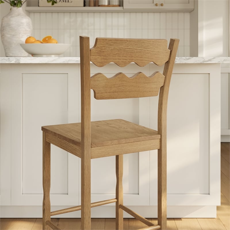 Jax Oak Wood Bar Stool With Wavy Razor Back in Weathered Oak