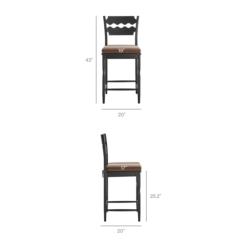 Jax Oak Wood Counter Stool With Wavy Razor Back and Cushion in Black Cocoa