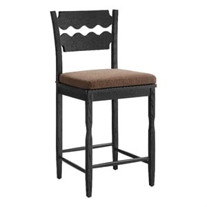 Jax Oak Wood Counter Stool With Wavy Razor Back and Cushion in Black Cocoa