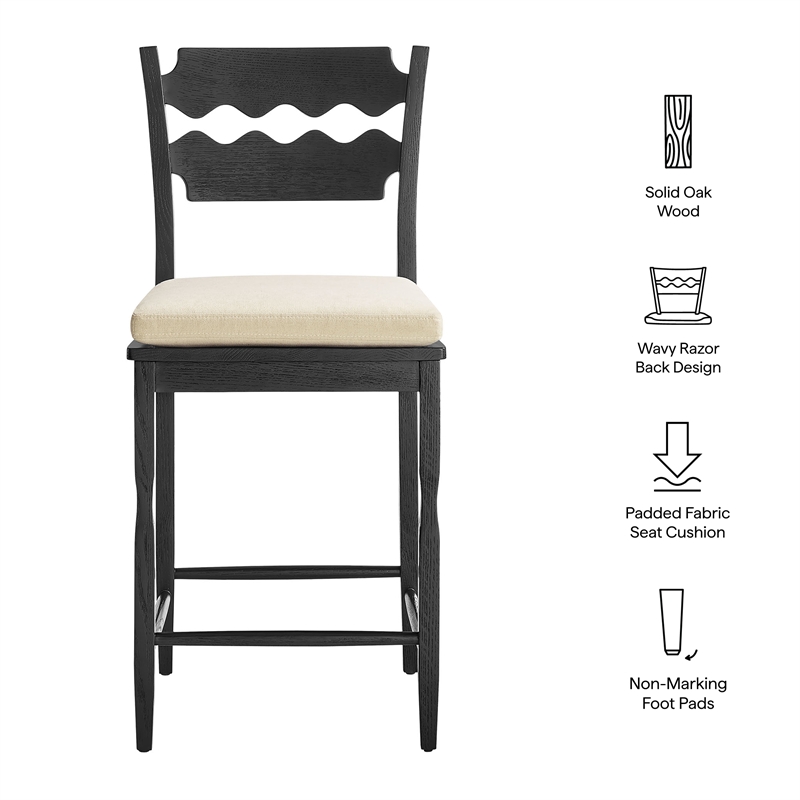 Jax Oak Wood Counter Stool With Wavy Razor Back and Cushion in Black Linen