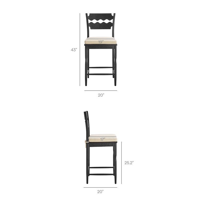 Jax Oak Wood Counter Stool With Wavy Razor Back and Cushion in Black Linen