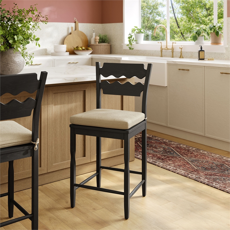 Jax Oak Wood Counter Stool With Wavy Razor Back and Cushion in Black Linen