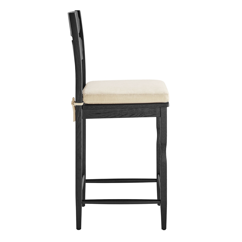 Jax Oak Wood Counter Stool With Wavy Razor Back and Cushion in Black Linen