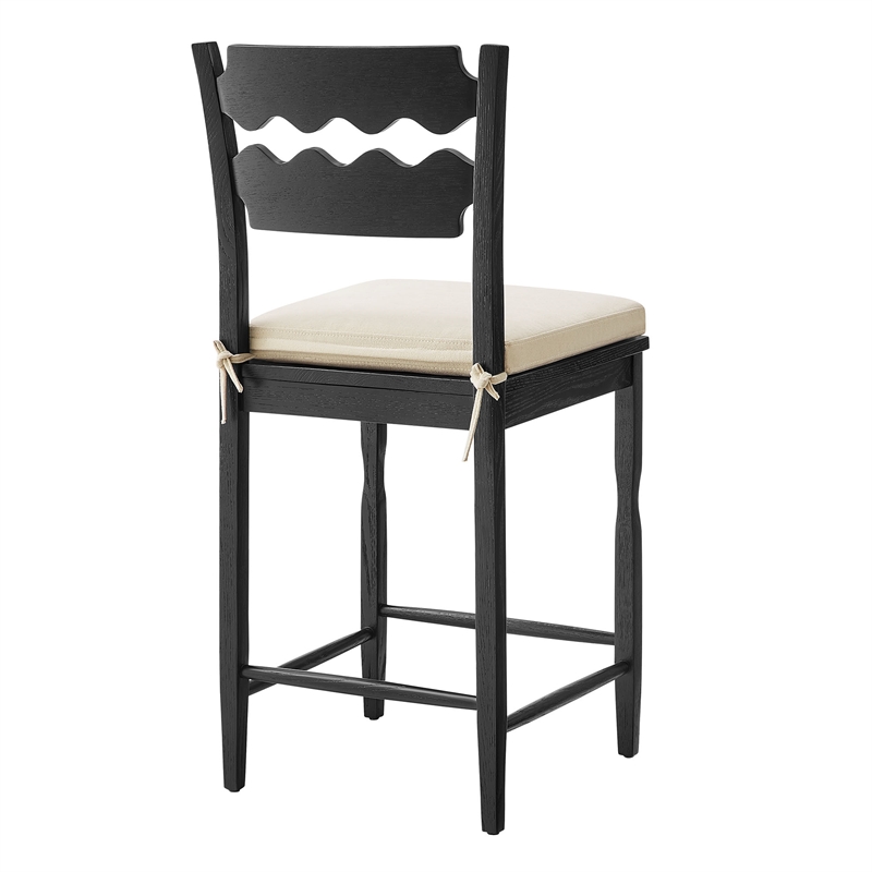 Jax Oak Wood Counter Stool With Wavy Razor Back and Cushion in Black Linen