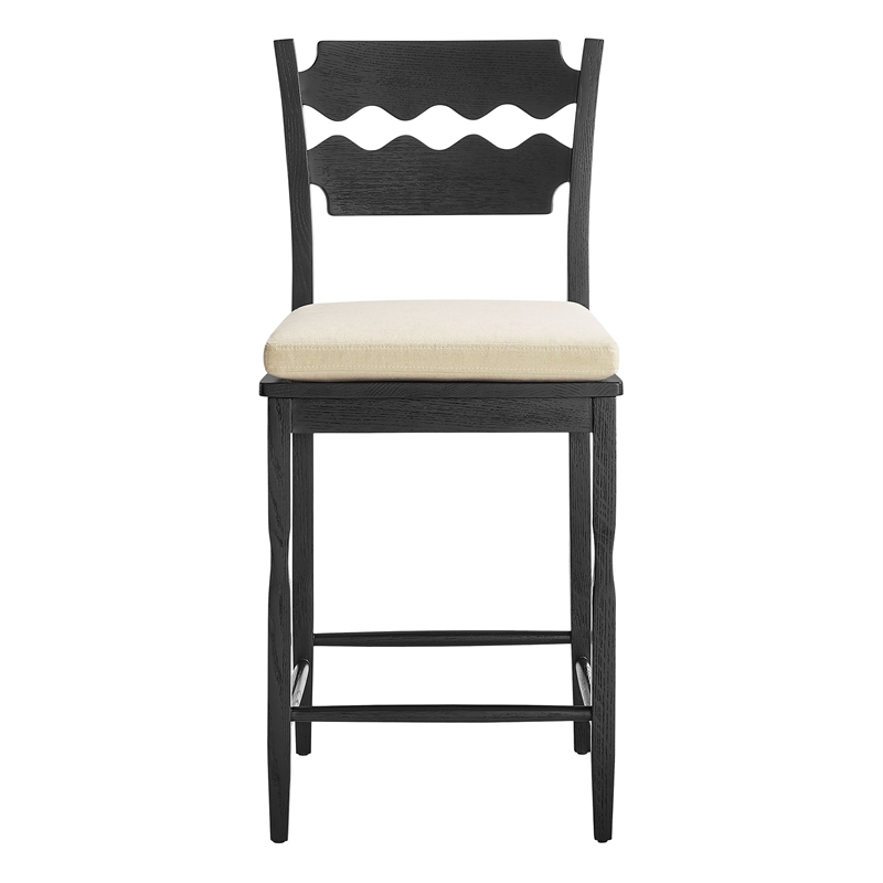 Jax Oak Wood Counter Stool With Wavy Razor Back and Cushion in Black Linen