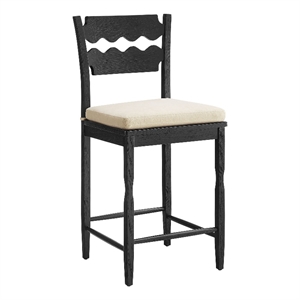 Jax Oak Wood Counter Stool With Wavy Razor Back and Cushion in Black Linen
