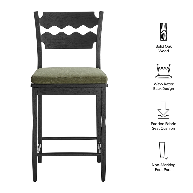 Jax Oak Wood Counter Stool With Wavy Razor Back and Cushion in Black Sage