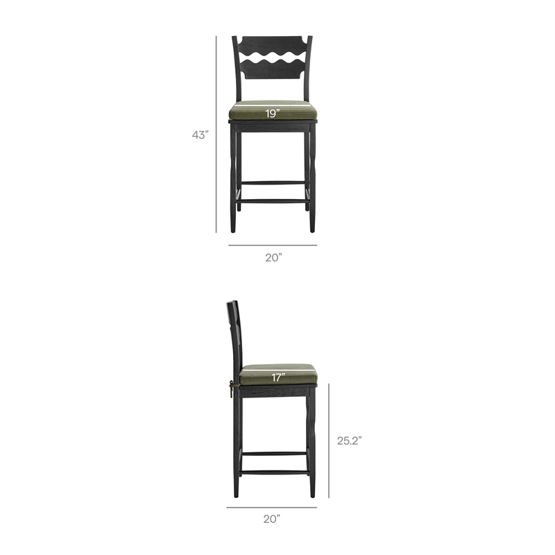 Jax Oak Wood Counter Stool With Wavy Razor Back and Cushion in Black Sage